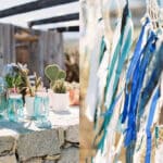 Élégante décoration de mariage en plein air, mettant en valeur un service de luxe de 'By Mademoiselle C', wedding planner en Provence, Côte d'Azur & Corsica. Les jars en verre turquoise et les plantes succulentes créent une ambiance romantique et sophistiquée, idéale pour une célébration grandiose. Les rubans délicats ajoutent une touche de charme à cet événement sur mesure, parfaitement organisé dans un cadre naturel. Ce mariage unique promet d'être