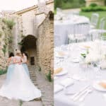 Trois mariées élégantes se tiennent côte à côte dans une ruelle pittoresque, évoquant une atmosphère romantique pour un mariage de luxe en Provence, Côte d'Azur et Corse. Leurs robes délicates et le cadre historique soulignent le caractère unique de leur célébration. À proximité, une table magnifiquement dressée, ornée de fleurs blanches et de bougies, illustre l'organisation sur mesure d'un événement exceptionnel. Ce décor enchanteur promet un