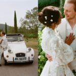 Un couple élégant s'embrassant devant une Citroën blanche sur une route bordée de cyprès, illustrant une atmosphère romantique parfaite pour un mariage de luxe en Provence. L'image évoque une célébration grandiose, idéale pour une cérémonie sur mesure dans un domaine privé, entouré de vignobles verdoyants. Avec des détails raffinés et une ambiance sophistiquée, cet événement représente le mariage de rêve, où chaque élément est soigneusement organisé pour créer une