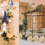 Une élégante table de réception, décorée de verres raffinés et de bouteilles en verre bleu, évoque une ambiance romantique pour un mariage de luxe en Provence. Les bougies illuminent délicatement le décor, tandis que des fleurs blanches ajoutent une touche de sophistication. Ce cadre idyllique est parfait pour une cérémonie grandiose dans un domaine privé, où chaque détail est méticuleusement organisé pour créer un événement sur mesure. Les éléments de décoration, comme la cage ornée