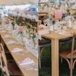 Tables élégamment dressées sous un chapiteau, créant une atmosphère romantique pour un grand événement. Cette scène évoque une célébration de mariage sur mesure, avec des décorations florales délicates et des bougies, parfaites pour un mariage de luxe en Provence, Côte d'Azur et Corse. Chaque détail est soigneusement organisé pour offrir une expérience unique et exceptionnelle, idéale pour une cérémonie grandiose dans un domaine privé. L'élégance des tables en bois et des