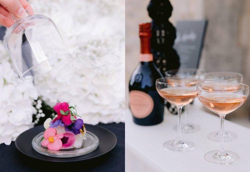 Détail élégant d'une préparation de mariage de luxe, mettant en avant une assiette raffinée garnie de fleurs comestibles, symbolisant un événement sur mesure. En arrière-plan, des flûtes à champagne délicatement disposées, évoquant une célébration grandiose. Ce cadre romantique et sophistiqué, typique des mariages en Provence, Côte d'Azur et Corse, incarne l'expertise de By Mademoiselle C dans l'organisation de cérémonies exception