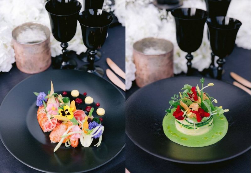 Dégustation raffinée lors d'un mariage de luxe en Provence, Côte d'Azur et Corse, mettant en valeur une assiette élégante avec des plats gastronomiques décorés de fleurs comestibles. Cette création culinaire exceptionnelle s'intègre parfaitement à un événement sur mesure, offrant une expérience gastronomique inoubliable pour une célébration grandiose. L'atmosphère romantique et sophistiquée de ce mariage personnalisé souligne l'expertise de By Mademoiselle C dans l