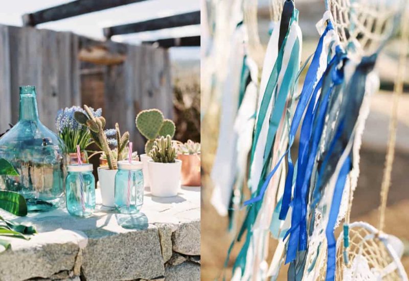 Élégante décoration de mariage en plein air, mettant en valeur un service de luxe de 'By Mademoiselle C', wedding planner en Provence, Côte d'Azur & Corsica. Les jars en verre turquoise et les plantes succulentes créent une ambiance romantique et sophistiquée, idéale pour une célébration grandiose. Les rubans délicats ajoutent une touche de charme à cet événement sur mesure, parfaitement organisé dans un cadre naturel. Ce mariage unique promet d'être