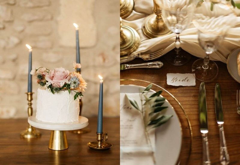 Un élégant gâteau de mariage décoré de fleurs délicates, entouré de bougies bleues, dans un cadre romantique en pierre. Cette scène illustre parfaitement un mariage de luxe en Provence, où chaque détail est soigneusement organisé pour créer une célébration sur mesure. La table magnifiquement dressée, avec des éléments raffinés et une atmosphère sophistiquée, évoque un événement unique et mémorable. By Mademoiselle C excelle dans l'organisation de cérémonies grandios