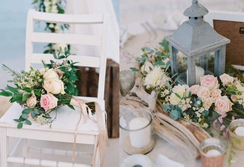 Bouquet de fleurs délicates sur une chaise en bois, évoquant une ambiance romantique et élégante pour un mariage de luxe en Provence. La composition florale, avec des roses pastel et des feuillages luxuriants, souligne le caractère sur mesure d'une cérémonie grandiose. L'atmosphère sereine, avec en toile de fond un paysage côtier, promet une célébration unique dans un domaine privé. Parfait pour un événement exceptionnel, ce décor raffiné est idéal pour un rêve