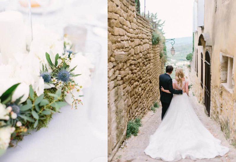 Un couple élégant marche main dans la main dans une ruelle pittoresque, symbolisant une romance intemporelle. Ce décor enchanteur, typique de la Provence, évoque l'ambiance d'un mariage de luxe, où chaque détail est soigneusement pensé. Les fleurs blanches délicates et la verdure environnante ajoutent une touche de sophistication à cette célébration unique. 'By Mademoiselle C' crée des événements sur mesure, transformant chaque coin de ce paysage