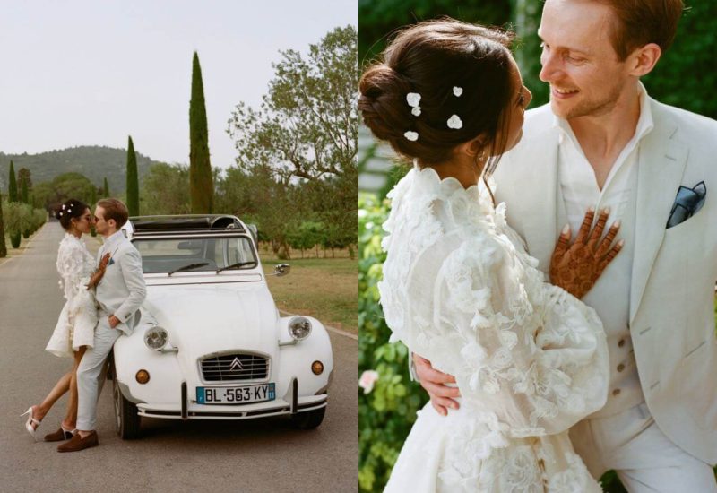 Un couple élégant s'embrassant devant une Citroën blanche sur une route bordée de cyprès, illustrant une atmosphère romantique parfaite pour un mariage de luxe en Provence. L'image évoque une célébration grandiose, idéale pour une cérémonie sur mesure dans un domaine privé, entouré de vignobles verdoyants. Avec des détails raffinés et une ambiance sophistiquée, cet événement représente le mariage de rêve, où chaque élément est soigneusement organisé pour créer une