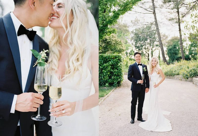 Un couple élégant célèbre leur mariage romantique dans un magnifique jardin en Provence, entouré de verdure luxuriante. Cette scène incarne l'expertise de By Mademoiselle C en tant que wedding planner en Provence, Côte d'Azur & Corse, offrant des célébrations sur mesure dans des lieux d'exception. Un moment parfait pour un grand événement, alliant sophistication et charme.