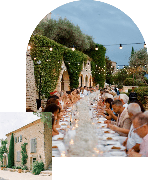 Un dîner en plein air élégant dans un domaine privé, illuminé par des guirlandes lumineuses, évoque une ambiance romantique pour un mariage de luxe. Ce cadre exceptionnel en Provence, entouré de vignes et de jardins, est parfait pour une célébration grandiose. 'By Mademoiselle C' organise des événements sur mesure pour créer des souvenirs inoubliables lors de votre rêve de mariage.